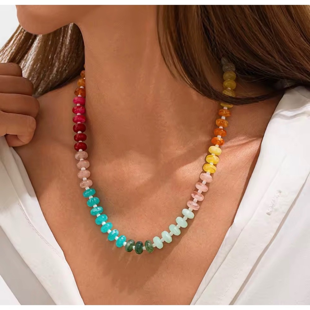 Rainbow Bead Rondelle Necklace Gold Tone Spring Ring Clasp 17.7 Inch Multicolor